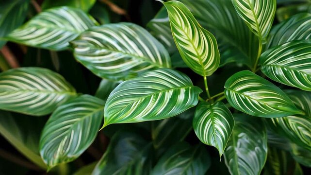 close-up shot of green prayer plant leaves with white stripes creates a botanical nature background