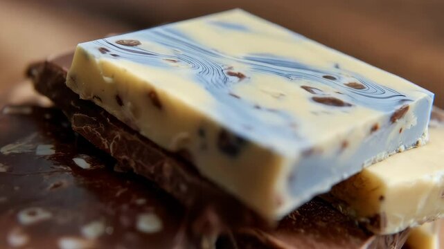Stacked chocolate fudge bars in various flavors like dark, milk, white, and marbled on a rustic wooden surface, showcasing textures.