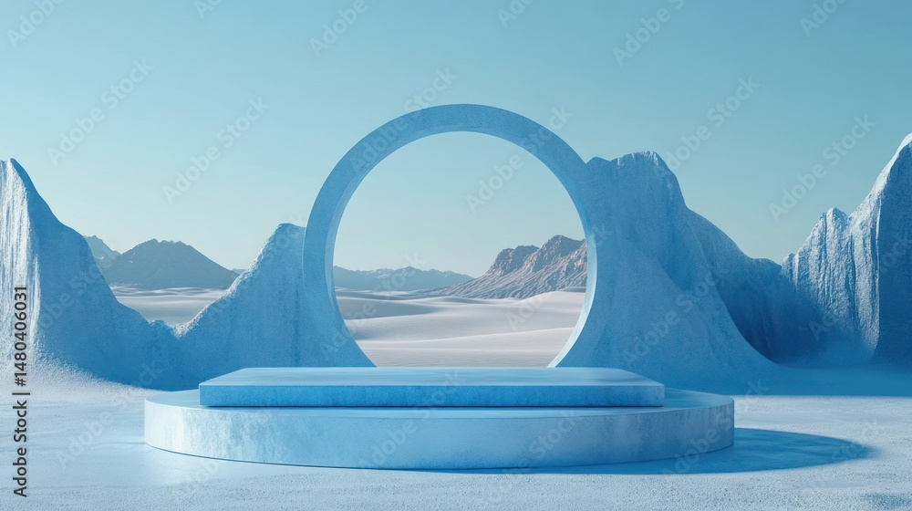 Poster minimalistic arctic stage design with a circular archway on a serene landscape