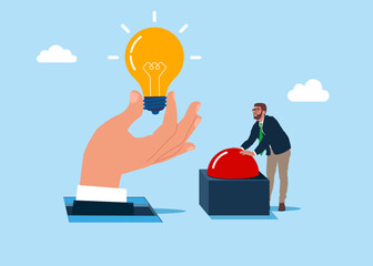 Push start to open door and to see hand with light bulb. Think big, aspiration to win and success in business. Flat vector illustration