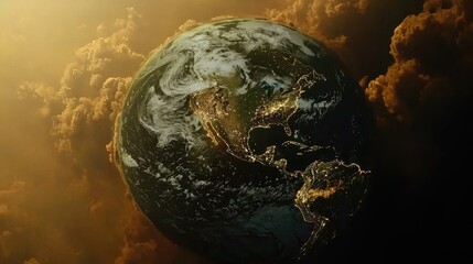 Obraz premium Earth surrounded by a hazy, golden cloud.