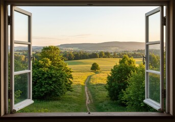 Fototapeta premium Scenic view through open window
