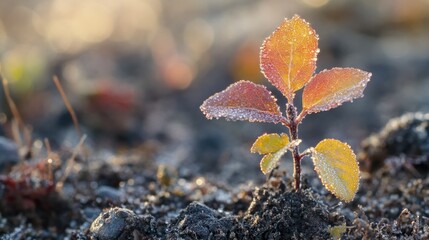 A close-up of a young tree sprouting from the ground, its leaves glistening with morning dew, bathed in the warm glow of early sunlight