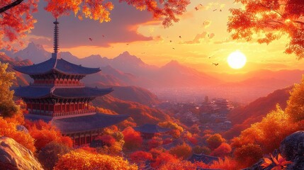 Fototapeta premium Autumnal Asian Pagoda Sunset View