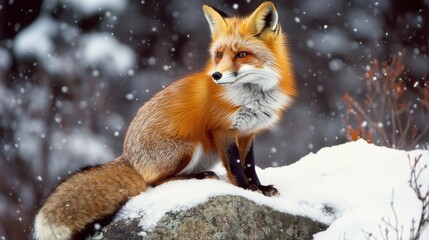 Fototapeta premium Majestic red fox in winter scene on snowy rock with falling snowflakes
