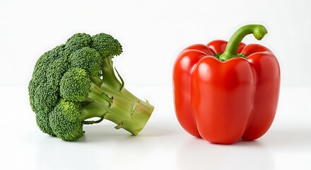 Fresh Broccoli and Red Bell Pepper Vegetables on White Background Healthy Eating Diet Food Photography