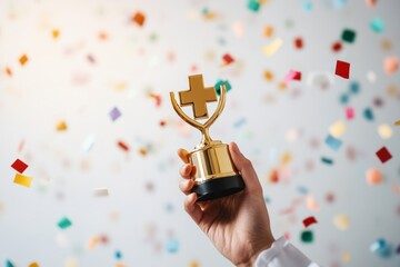 A close-up shot of a gold trophy placed on a white surface, surrounded by colorful confetti falling gently. In the center, a hand is holding a plus sign symbolizing healthcare