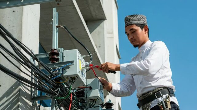 Technician carefully works on electrical equipment outdoors, prioritizing safety and precision