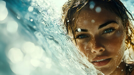 Close-up portrait of a woman in a water spray.