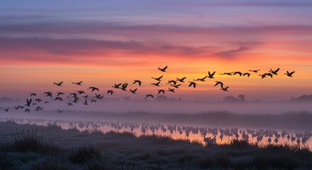 Obraz premium Birds flying over misty lake. Photo