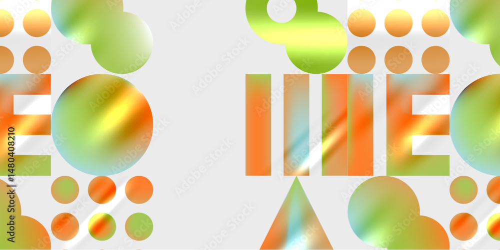 Poster abstract composition featuring colorful shapes, circles, lines. text elements present, background is