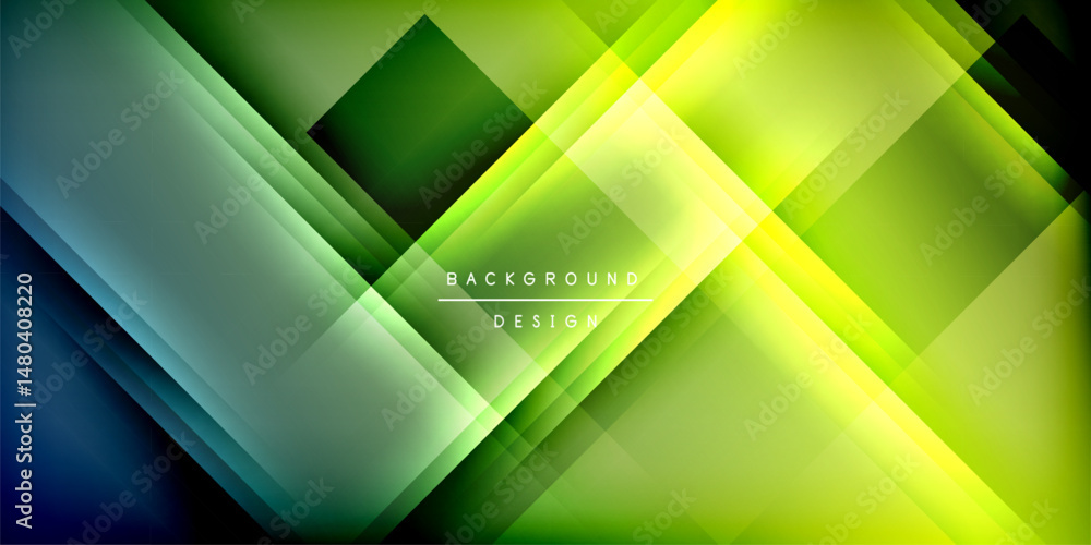 Poster abstract geometric design. overlapping shapes create vibrant green, yellow glow. dark background emp