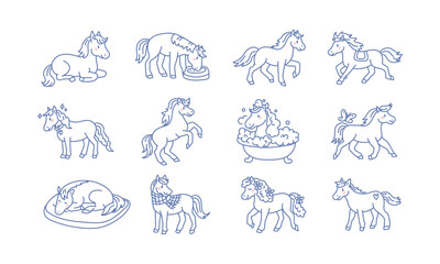Cute Hand Drawn Horse line art characters 