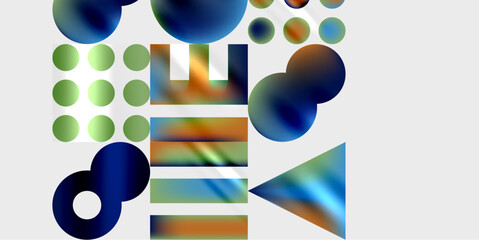 Abstract composition. Various colorful shapes overlap, creating dynamic visual texture. Gradient hues dominate design.