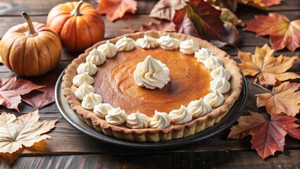 A delicious pumpkin pie with whipped cream, surrounded by autumn leaves, ready for a fall feast.
