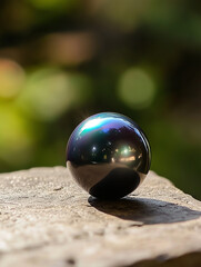 Iridescent dark sphere resting on stone surface in nature