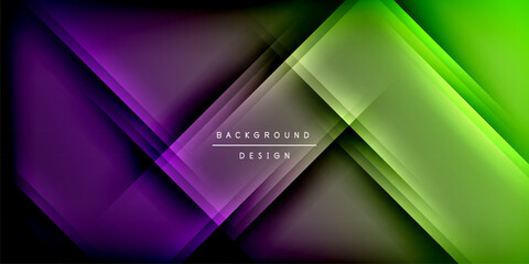 Obraz premium Abstract geometric layers create vibrant gradient effect. Dark background emphasizes bright purple, green hues. Modern design element.