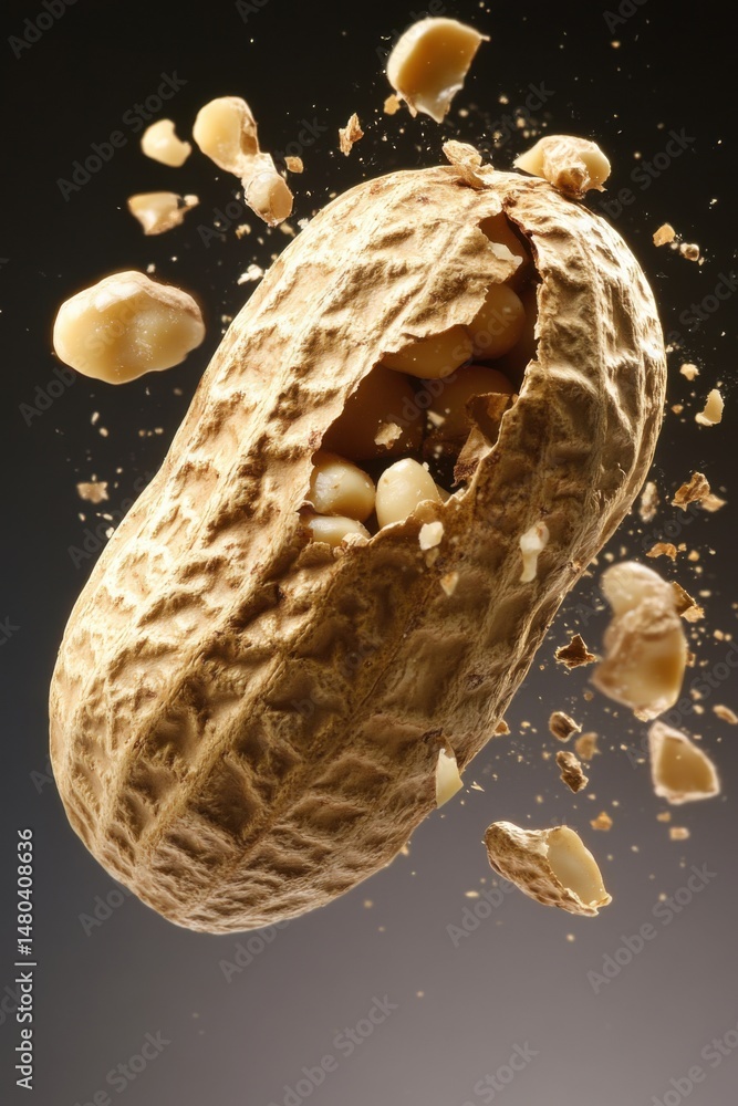 Poster exploding peanut shell with flying nuts studio shot against dark background close up detailed food p