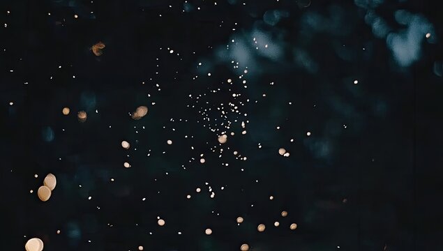 Sparkling particles against a dark backdrop. Tiny, luminous specks scattered in a swirling pattern, against a deep, blurred background of out-of-focus color
