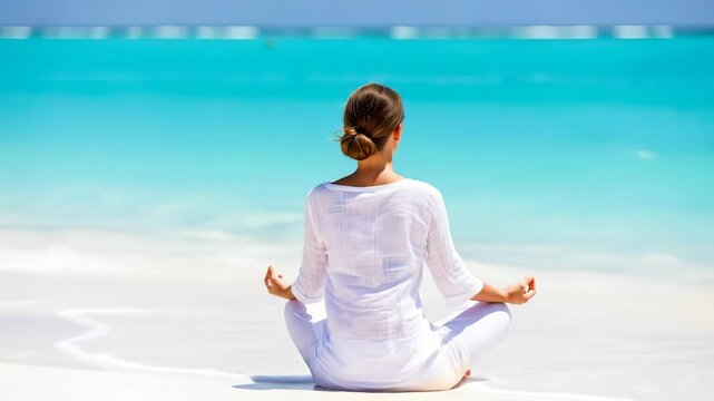 Serene woman in white practicing yoga meditation on a white sand beach by the turquoise ocean. Mindfulness, wellness retreat for inner peace. 4K cinematic video footage.