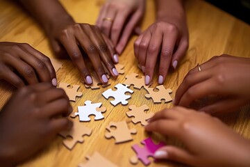 Diverse hands collaboratively assembling a jigsaw puzzle on a light-colored wooden table.  Multiple hands, different skin tones, carefully fitting puzzle pieces together, focused on a common goal