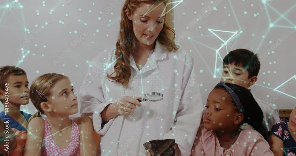 Aufkleber teacher examining rock sample with magnifier in science class, showing glowing network overlay