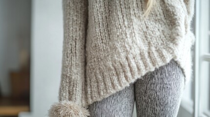 Cozy cream knitted sweater detail with textured leggings and soft light