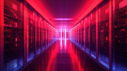 Endless Server Room Corridor Illuminated with Red and Purple Neon Hues