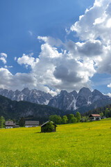 Fototapeta premium Idyllic scenery of Bavarian Alps with blooming meadow in springtime and dramatic cloudscape