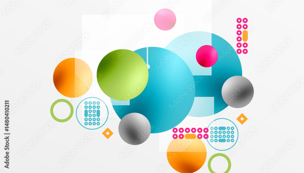 Poster abstract composition featuring colorful overlapping circles, squares, dots. modern design, vibrant h