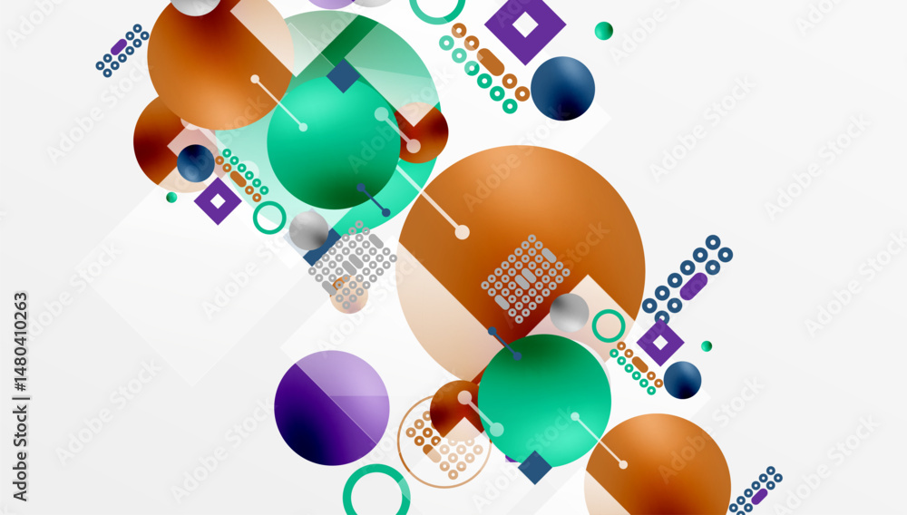Poster abstract composition. circles, squares, lines create dynamic visual experience. teal, orange, purple