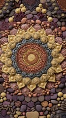An intricate mandala design made entirely from various geometric food shapes including hexagonal honeycombs circular doughnuts and shardlike chocolate pieces. Utilizing a harmonious