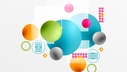 Abstract composition featuring colorful overlapping circles, squares, dots. Modern design, vibrant hues, geometric shapes present.