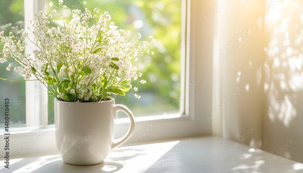 Poster sunlight streams through window, illuminating flowers in a mug.