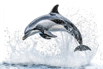 Obraz premium A dynamic shot of a dolphin captured in a playful leap, its body arched elegantly with water droplets trailing behind.