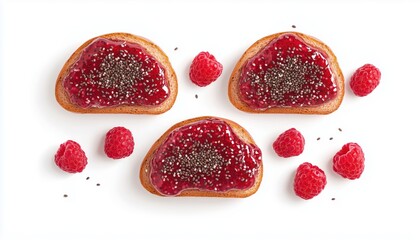 Delicious Homemade Raspberry Jam With Chia Seeds On White Bread: A Nutritious Breakfast Option Packed With Superfoods And Healthy Ingredients.
