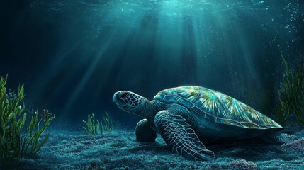 Fototapeta premium A sea turtle resting on the ocean floor, blending perfectly with the surroundings.