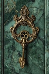 Ornate Gold Key on Green Marble Wall Close Up Still Life Treasure Antique Vintage Luxury Security Mystery Secret Access Opening