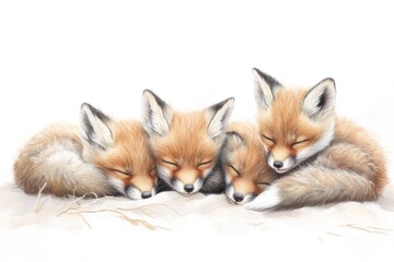 Obraz premium A group of playful wild baby red foxes snuggling together on a sandy beach, their fur a mix of red and orange hues, against a soft, white background.