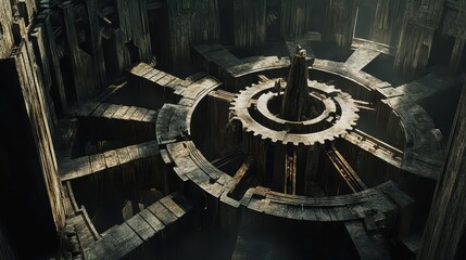Complex stone structure with a large gear like component in the center, surrounded by walls and platforms, creating a sense of depth and mystery. Architecture concept.