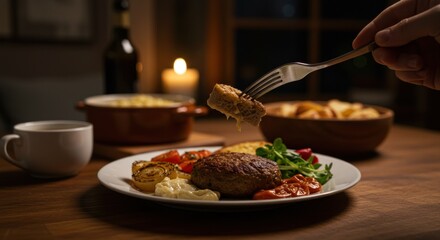 Steak dinner with lit candle - photo