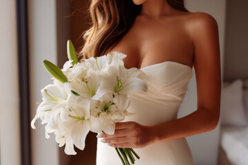 Bride in strapless white dress holding bouquet of white lilies with soft lighting
