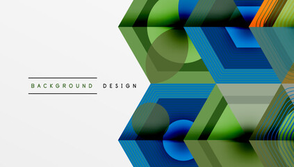 Fototapeta premium Abstract geometric pattern. Hexagons overlap, creating layered effect. Blue, green, orange hues dominate design. Modern, clean aesthetic.