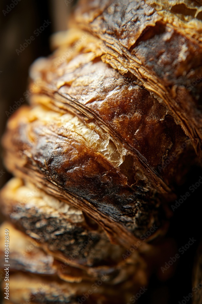 Poster macro shot of a fresh croissant showing layers and texture of pastry in bakery setting, close up foo