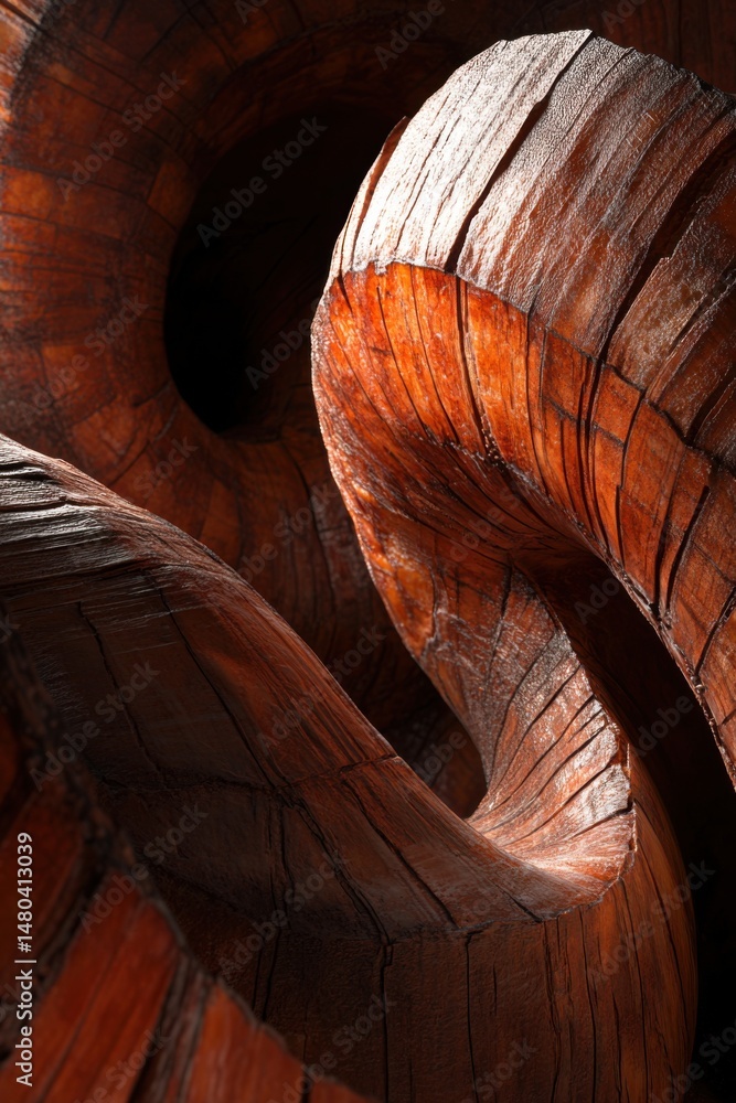 Poster abstract macro shot of a wooden sculpture with swirling patterns and dramatic lighting creating a se