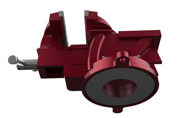 Naklejka premium OPEN EXPAND Position, Multipurpose, Pipe Bench Vise, Table Pincers, Bench-Mounted, Red Vise, Securely Holding Materials, Various Tasks, Robust Metal Vise, Adjustable Jaws, Industrial Use, DIY Use, PNG