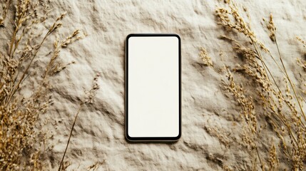 A minimalist smartphone mockup with a crisp blank white screen, centered on a soft textured background