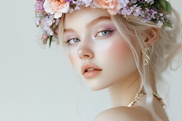 A portrait of a woman with an ethereal makeup look, blending soft pink and lavender tones on her eyes and cheeks, paired with dewy skin.
