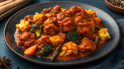 A vibrant plate of mixed vegetable curry featuring broccoli, cauliflower, and carrots, served on a rustic table with spices