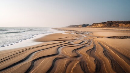 Smooth sandy beach with abstract waves, soft morning light, minimalist serenity
